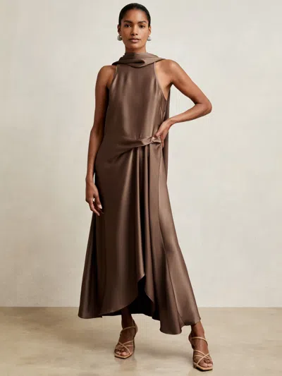 Reiss Womens Taupe Brown Michelle Cowl-neck Side-tuck Satin Midi Dress In Brown