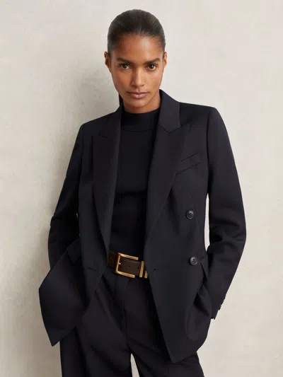 Reiss Navy Wool Blend Double Breasted Suit Blazer In Black