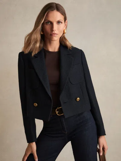 Reiss Navy Double-breasted Textured Cropped Blazer With Wool And Cotton In Blue