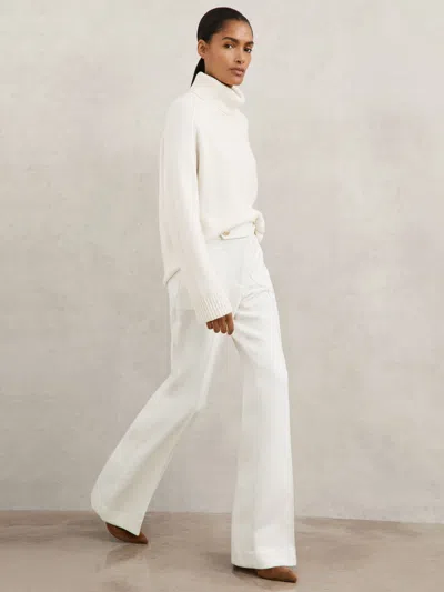 Reiss White Twill Button-tab Flared Trousers With Wool In White