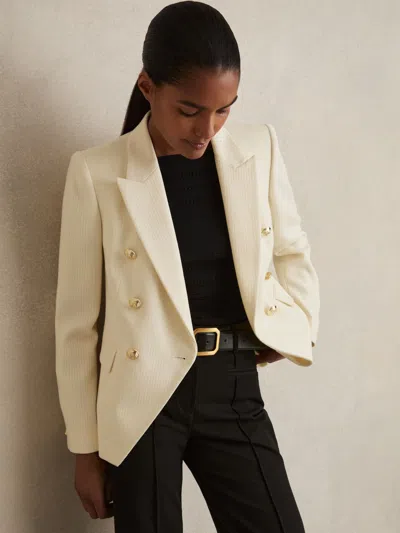 Reiss White Tailored Fit Textured Double Breasted Blazer In Gold