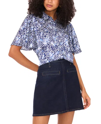 Vince Camuto Abstract Print Flutter Sleeve Button-up Shirt In Blue