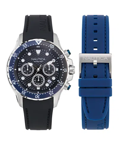 Nautica Men's Chronograph Black Silicone Watch Set, 44mm In Blue