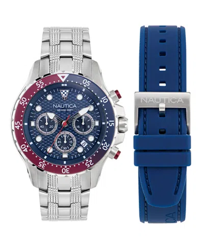Nautica Men's Chronograph Silver-tone Stainless Steel Watch Set, 44mm In Multi