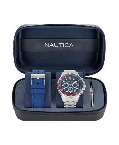 Nautica Men's Chronograph Silver-tone Stainless Steel Watch Set, 44mm In Multi