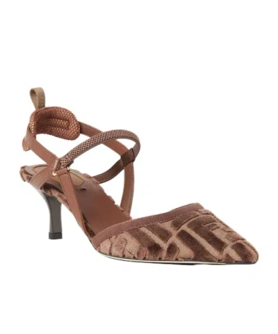 Fendi Women 'colibrì Lite' Brown Mule With Ff Motif And Padded Back Strap In Velvet And Leather Woma In Brown