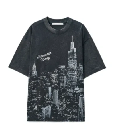 Alexander Wang Black Ny Skyline Crystal Hotfix T-shirt In Gray
