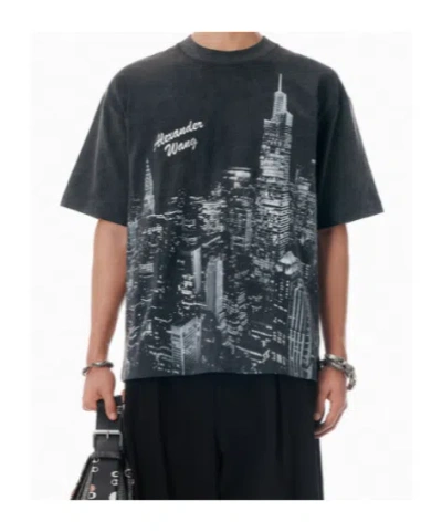 Alexander Wang Black Ny Skyline Crystal Hotfix T-shirt In Gray