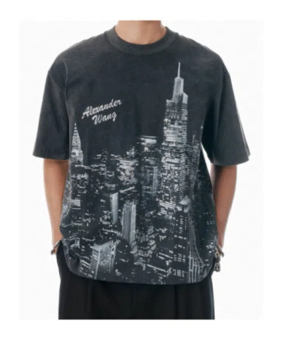 Alexander Wang Black Ny Skyline Crystal Hotfix T-shirt In Gray
