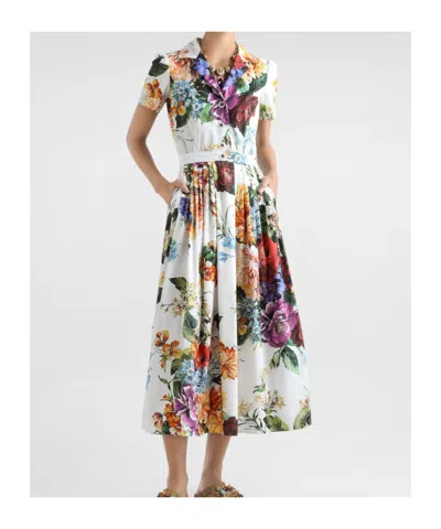 Dolce & Gabbana Midi Poplin Dress With Flower Bouquet Print Dolce E Gabbana In Multi
