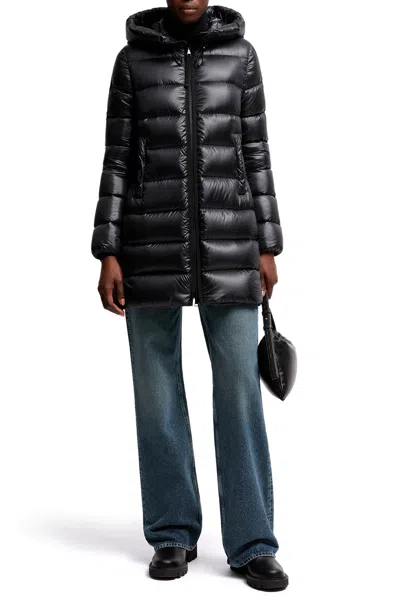 Moncler Suyenne Hooded Mid-length Down Jacket In Black