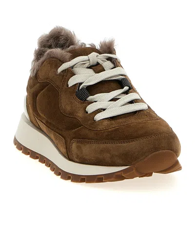 Brunello Cucinelli Suede Sneakers With Rubber Sole Contrast In Nude