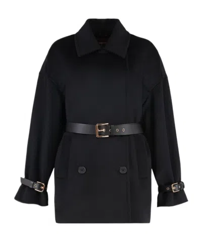 Max Mara Studio Pausa Double-breasted Virgin Wool Jacket With Waist Belt In Black