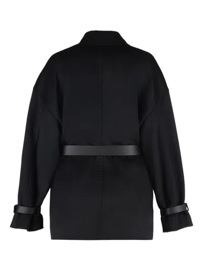 Max Mara Studio Pausa Double-breasted Virgin Wool Jacket With Waist Belt In Black
