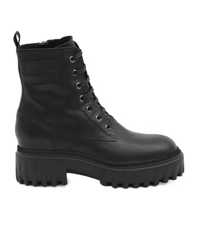 Hogan H700 Chunky Biker Boots In Leather In Black