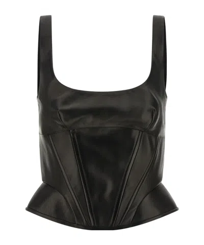 Ermanno Scervino Square Neckline Leather Top With Panel Detailing In Black