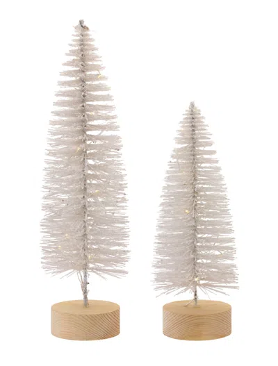 Melrose International Led Lighted White Bottle Brush Tree With Wood Base And Gold Accent (set Of 4) - White, Brown