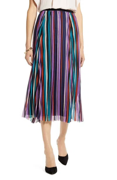 Halogen Striped Pleated Elastic Waist Midi Skirt Pleated Chiffon In Multicolor In Multi