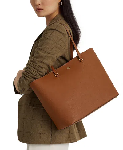 Ralph Lauren Karly Crosshatch Leather Large Tote In Brown