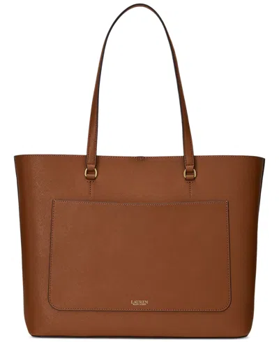 Ralph Lauren Karly Crosshatch Leather Large Tote In Brown