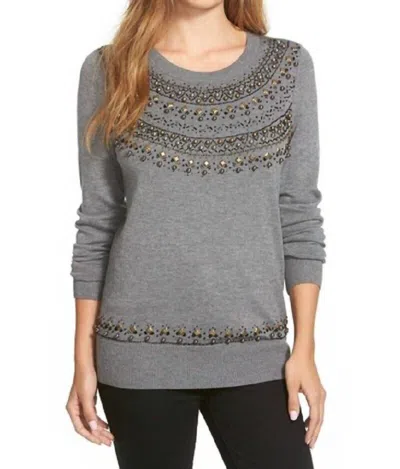 Halogen Tight Knit Embellsihed Studded Beaded Sweater In Gray In Gray