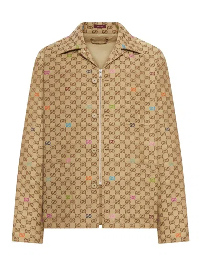 Gucci Beige Shirt With Spread Collar And Two Front Welt Pockets In Gg Canvas Man In Sand