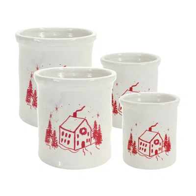 Melrose International Set Of 4 Ceramic Crock With Snowy House Scene