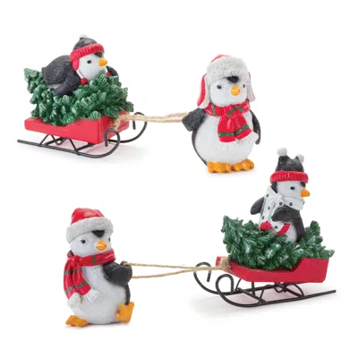 Melrose International Playful Penguins With Sled Figurine (set Of 2) - Green; Black; Red