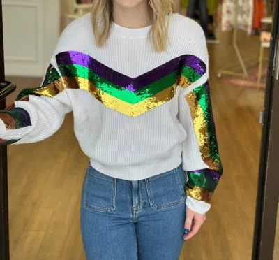 Queen Of Sparkles Mardi Gras Long Sleeve Sweater In White In White