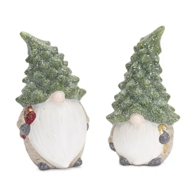 Melrose International Terra Cotta Gnome Figurine With Pine Tree Hat (set Of 2) - Green; Beige