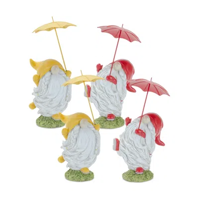 Melrose International Whimsical Dancing Garden Gnome Figurine With Umbrella (set Of 4) - Yellow, Red, White