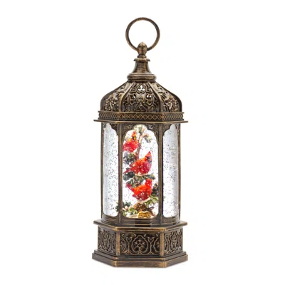 Melrose International Led Snow Globe Lantern With Cardinal Bird Branch 13"h - Bronze, Red, Green
