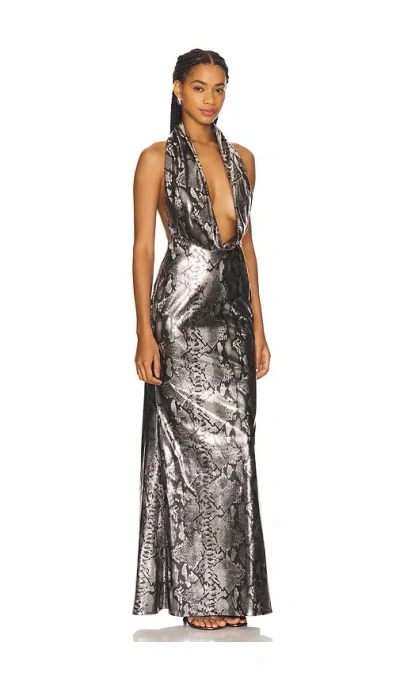 Lapointe Metal Snake Deep Cowl Neck Gown In Silver