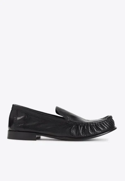 Miu Miu Ruched Leather Mocassin Loafers In Black