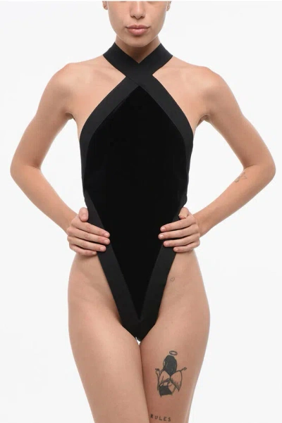Saint Laurent Velvet Openback Bodysuit With Crossed Shoulders In Black