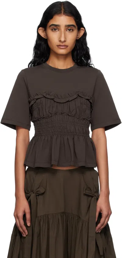 Cecilie Bahnsen Vilde Ruffled Shirred Cotton-jersey T-shirt In Brown