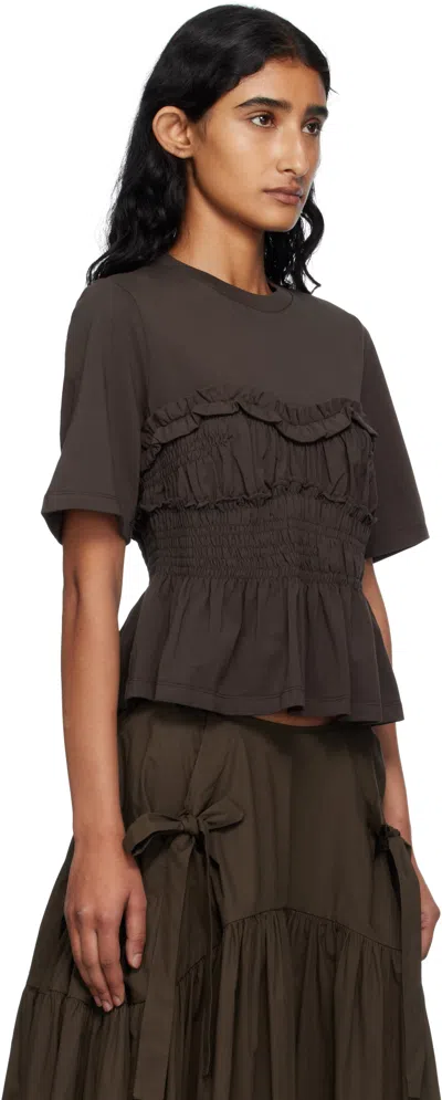 Cecilie Bahnsen Vilde Ruffled Shirred Cotton-jersey T-shirt In Brown