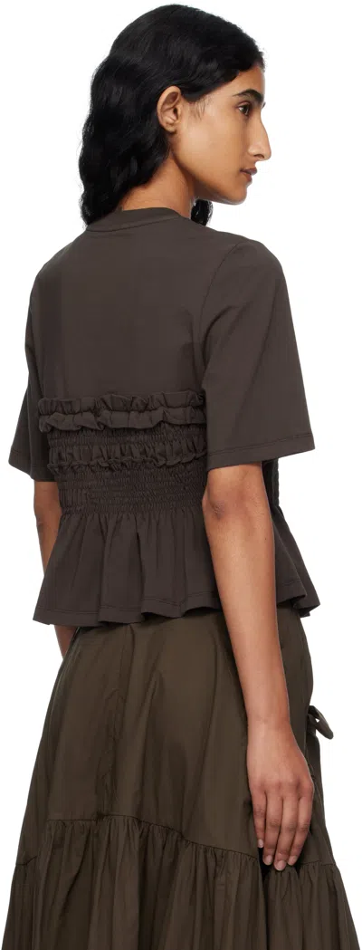 Cecilie Bahnsen Vilde Ruffled Shirred Cotton-jersey T-shirt In Brown