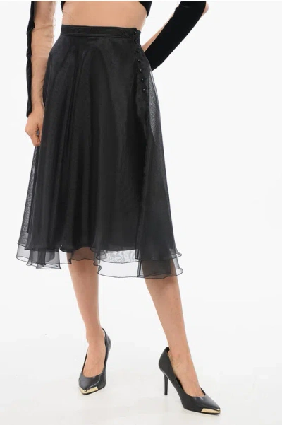 Elisabetta Franchi Organza Midi Skirt With Side Buttoning In Black
