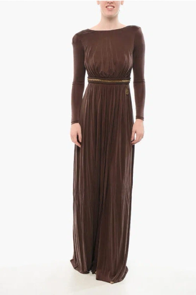 Elisabetta Franchi Flared Maxidress With Chain Detail In Brown