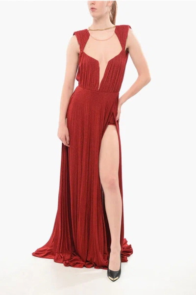 Elisabetta Franchi Red Carpet Lurex Maxidress With Mesh Inserts In Red