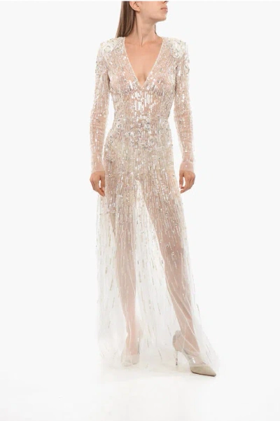 Elisabetta Franchi Red Carpet Sequined Tulle Maxidress In Neutral