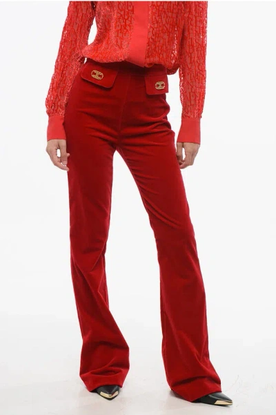 Elisabetta Franchi Velour Bootcut Pants In Red