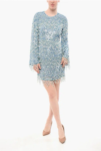 Elisabetta Franchi Sequined Dress With Beads And Lamp Sleeves In Blue