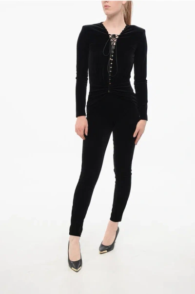 Elisabetta Franchi Velour Jumpsuit With Lace-up Detail And Studs In Black