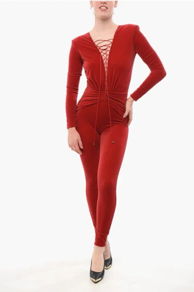 Elisabetta Franchi Velour Jumpsuit With Lace-up Detail And Studs In Red