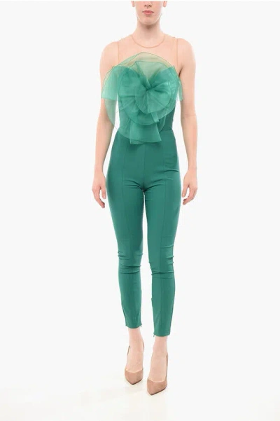 Elisabetta Franchi Slim Fit Jumpsuit With Mesh Insert And Organza Detail In Green