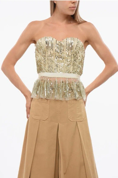 Elisabetta Franchi Sequined Flared Top With Cups In Brown