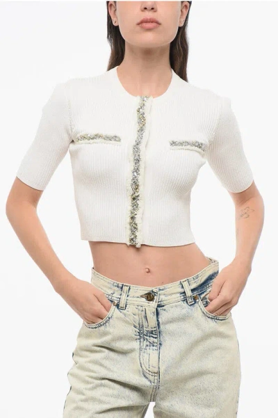 Balmain Short Sleeved Crop Cardigan Embellished With Beads And Sequi In White