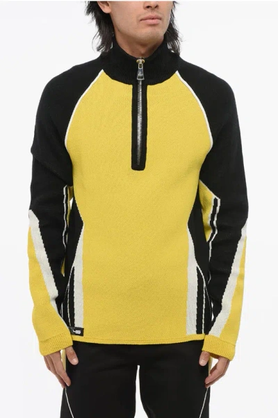 Balmain Wool Blend Color Block Sweater With Half Zip In Yellow